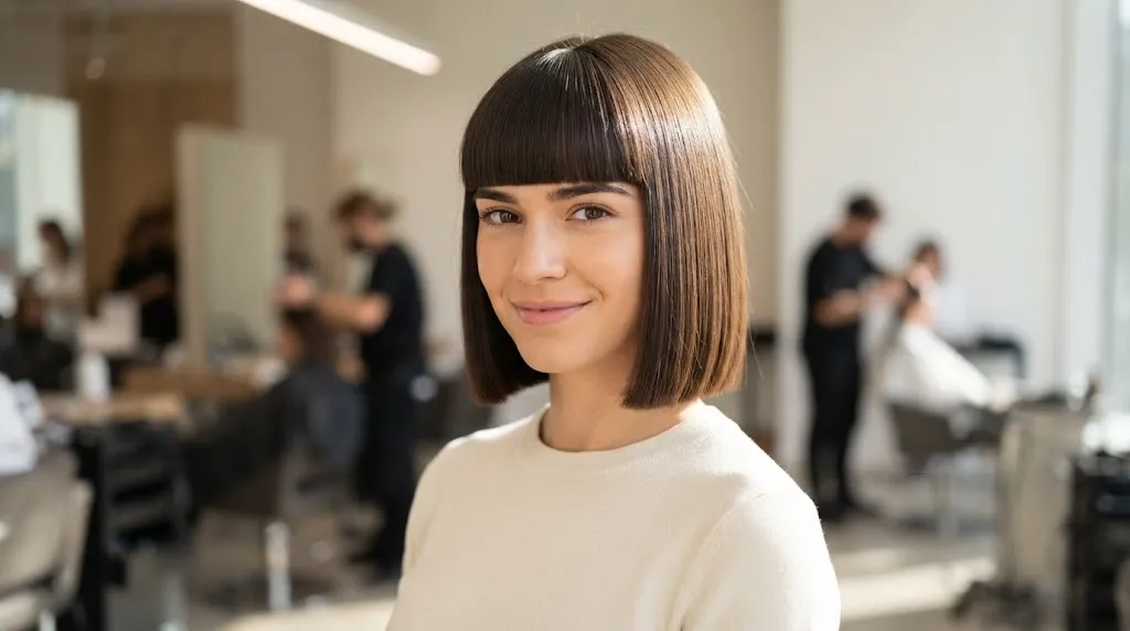 A woman with sleek, straight dark hair and a clean, even line of blunt bangs framing her forehead in a modern salon.
