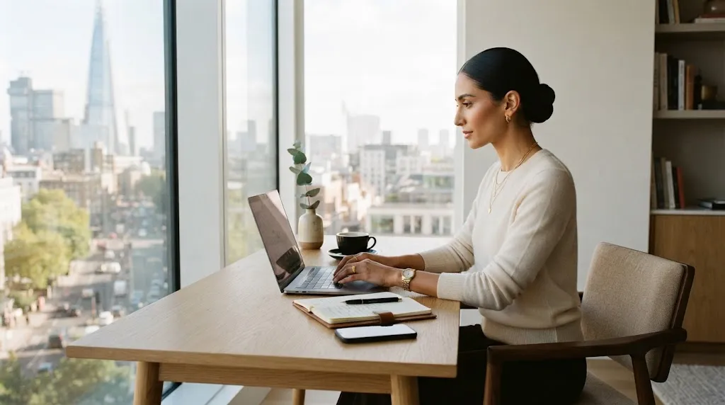 A professional woman with long hair wearing a sleek low chignon hairstyle while working at a clean minimalist office desk near a bright window