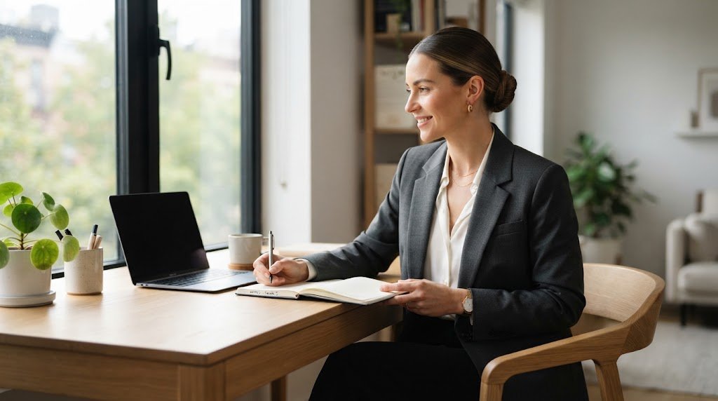 Professional woman with a secure, comfortable low chignon hairstyle working at a desk by a window, demonstrating all-day hold without scalp tension.