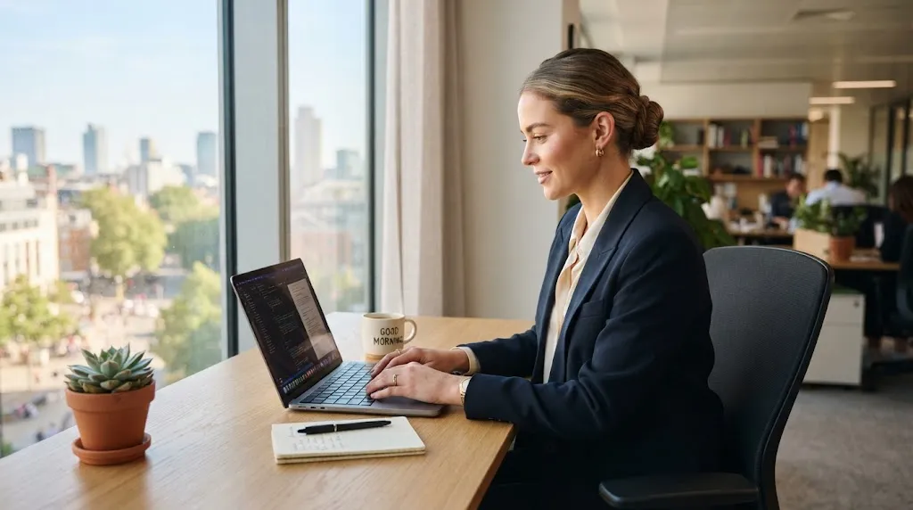 Professional woman wearing a polished low chignon hairstyle while working on a laptop at a clean desk in a brightly lit office