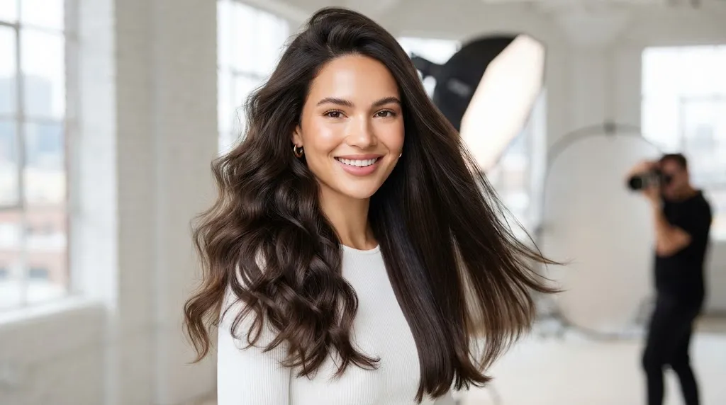 Professional female hair model showcasing versatile hair styles and healthy texture for salon and commercial campaigns