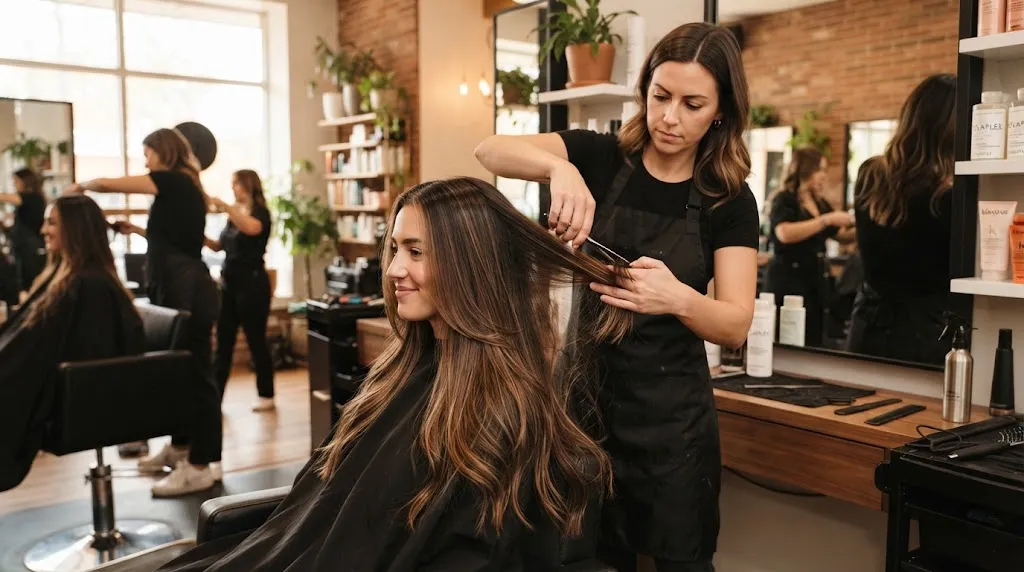 A professional hairstylist working on long hair to show the pros and cons of layering without losing overall length