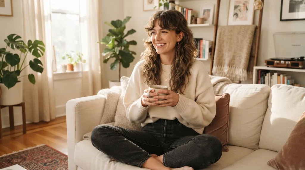 A person with a quick and effortless everyday vintage-inspired hairstyle looking relaxed and stylish at home