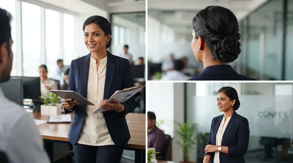 A professional Indian woman with a neat quick twisted work updo hairstyle suitable for formal office environments