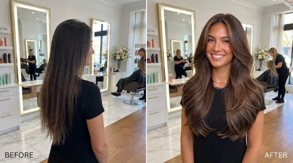 Real before-and-after results of a deep layer haircut on long hair showing volume and movement without losing length in a professional salon