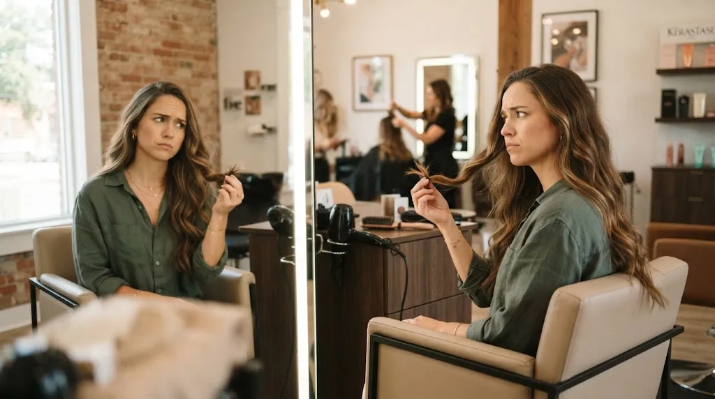 A woman sitting thoughtfully in a salon chair contemplating long layers without losing length