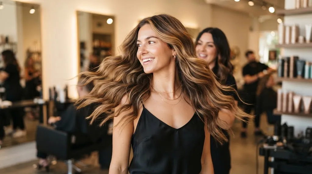 Professional photo of a woman showcasing real long layered hair with soft texture and movement for face shapes