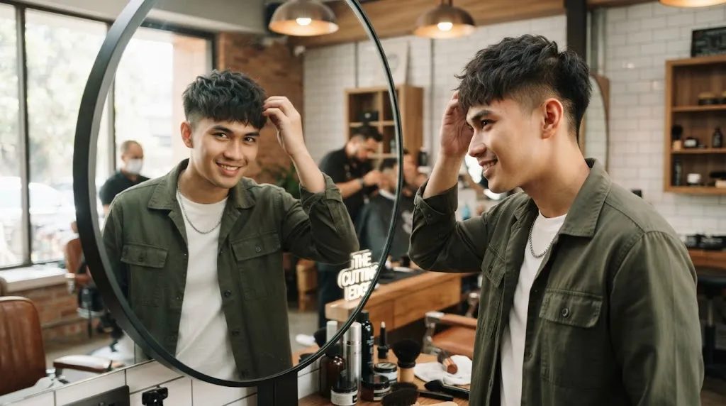 An Asian man examining his hair in a modern barbershop mirror to find solutions for common hair growth challenges.