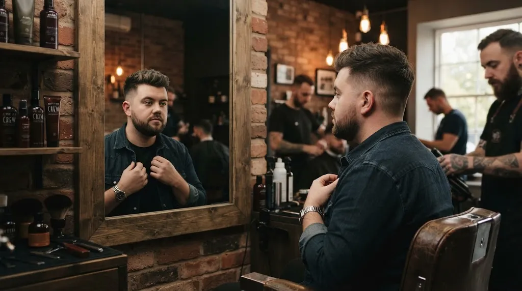 A man at a professional barbershop looking in the mirror to find the right hairstyle for a round face shape
