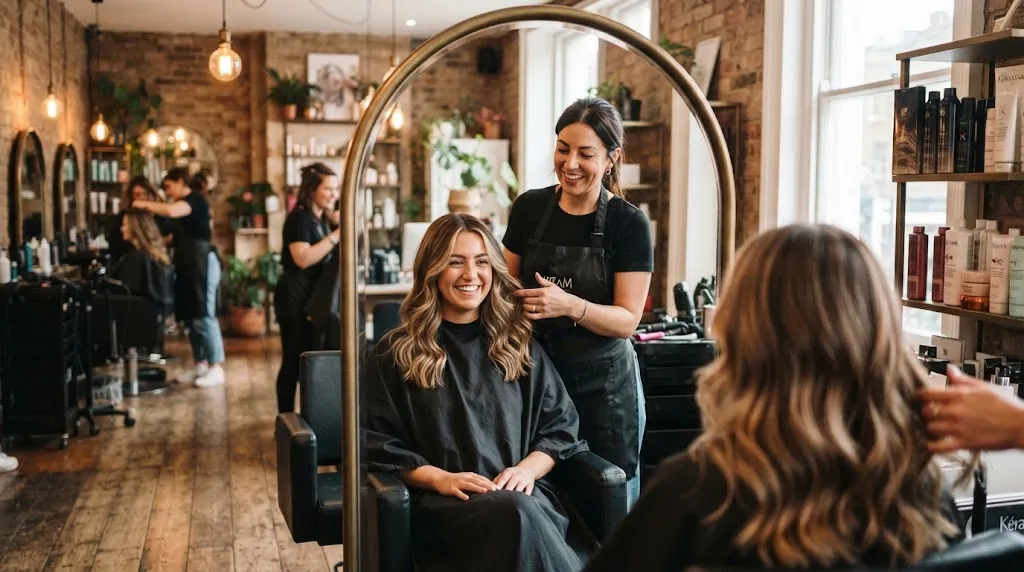 A client and hairstylist consulting in a professional salon to fix common round face haircut mistakes
