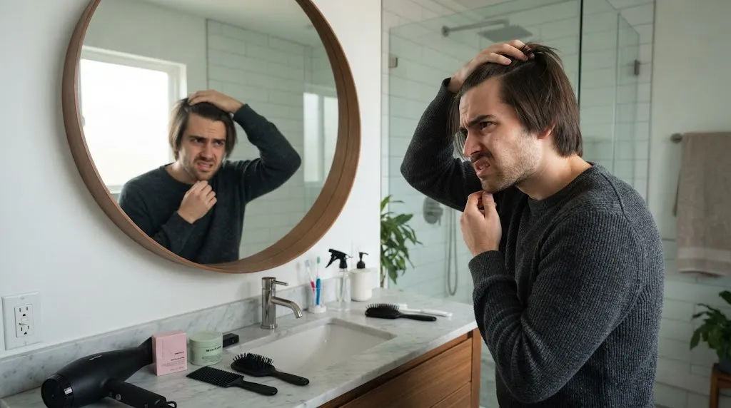 A young man with straight hair looking frustrated in a mirror, dealing with flat hair and styling challenges in a modern bathroom.