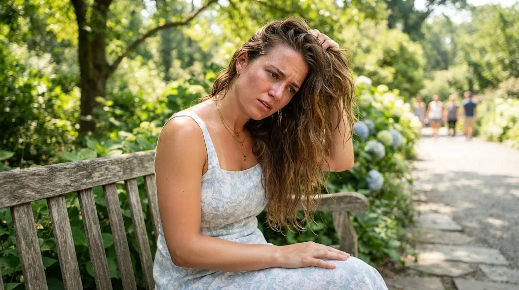 A young woman struggling with the real problems of long hair in summer, dealing with heat, humidity, and sweat outdoors.