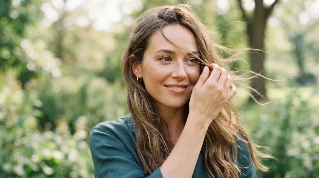 Close-up of a woman managing wind-blown open hair outdoors, illustrating common open hairstyle challenges like frizz and strands falling on the face.
