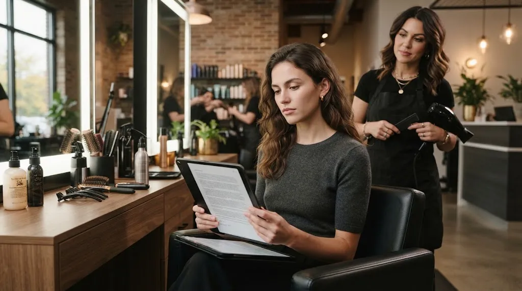 A professional hair model reviewing a modeling contract in a modern salon before signing, illustrating the real risks involved.