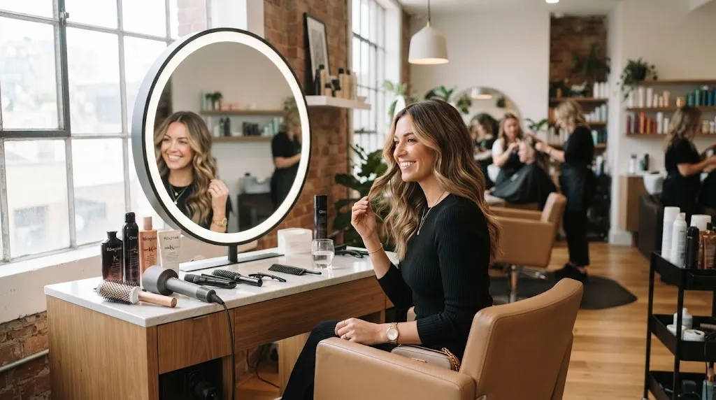 Professional hair stylist consulting with a client in a salon to solve common haircut and face-shaping challenges
