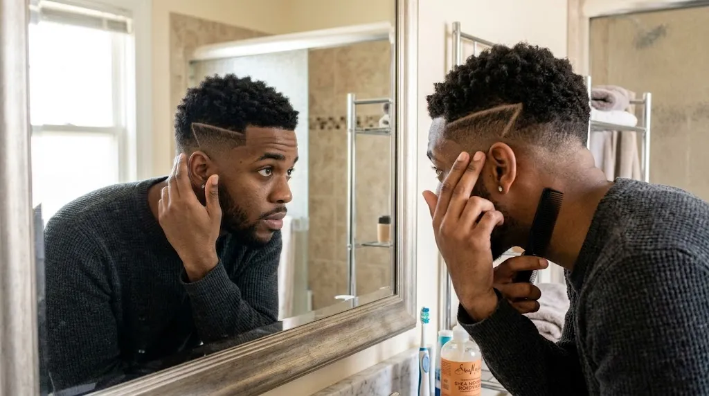 A man inspecting his seven haircut line and fade in the mirror, highlighting hair growth and styling problems