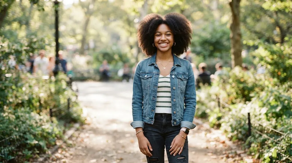 A teenage girl outdoors showcasing natural, lived-in hair texture and everyday styling for girls.