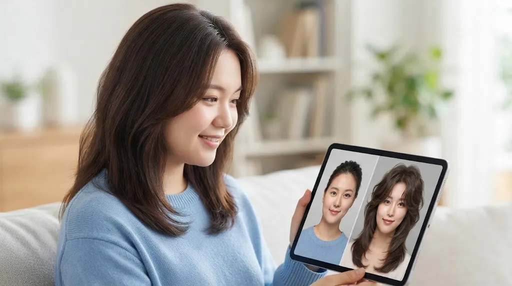 A woman with a round face shape using a virtual hair editor tablet app to compare a realistic long layered hairstyle simulation with her current look.