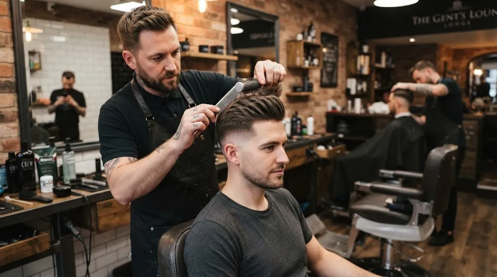 A professional barber styling a clean regulation brush-up military haircut with textured volume on top and faded sides.