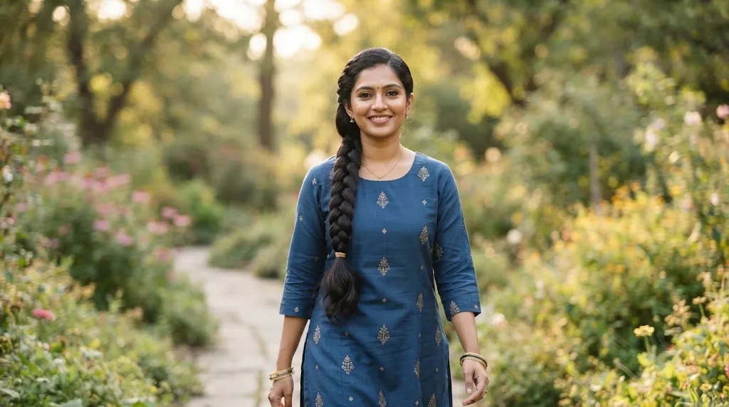 A beautiful Indian woman with long hair styled in a neat rope braid outdoors