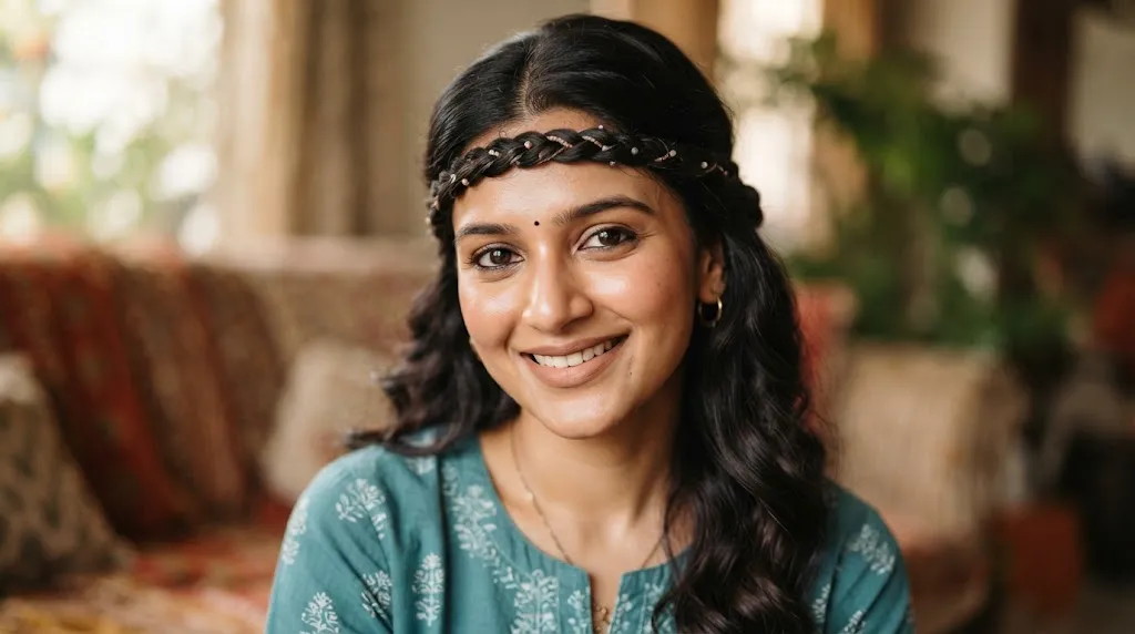 A close-up view of an Indian woman with a neat rope-braid headband hairstyle wearing a casual kurta in soft natural light