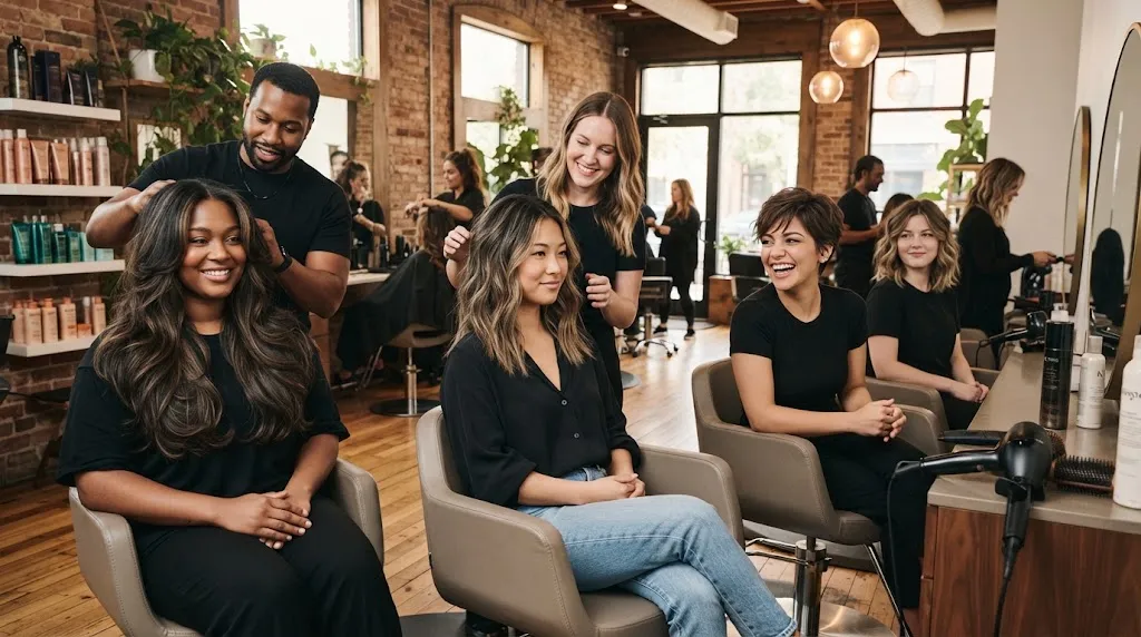 A collage of flattering long, medium, and short haircuts styled specifically to elongate and balance a round face shape in a professional salon setting.