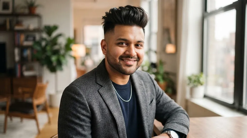 A man with a stylish modern hairstyle featuring height on top and tapered sides, perfectly complementing a round face shape.