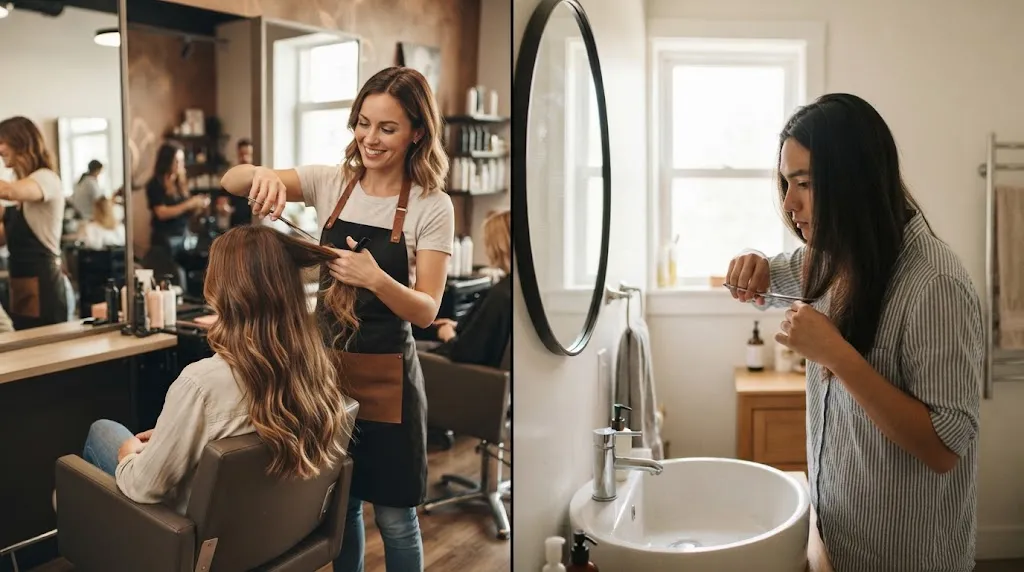 Comparison of a professional salon haircut versus cutting long hair at home in front of a mirror