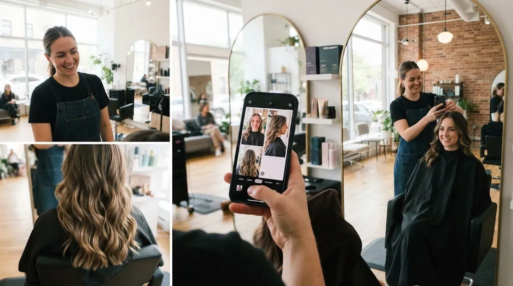 A stylist taking front, side, and back reference photos of a client's hair in a modern salon to prepare for a haircut.