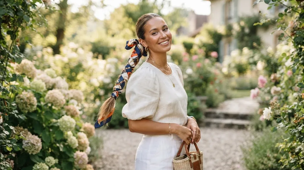 A stylish woman with a long summer ponytail wrapped in a chic silk scarf outdoors in natural lighting