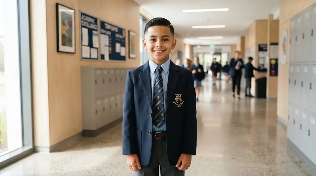 A well-groomed school boy with a clean low taper fade haircut wearing a school uniform, perfectly matching strict school dress codes.