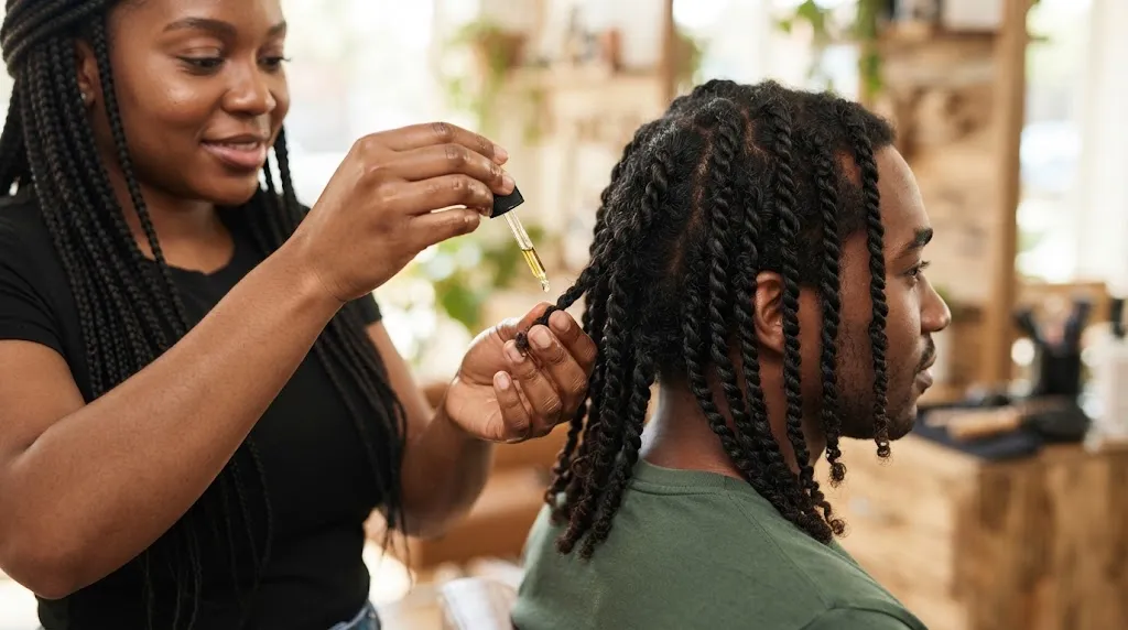 Professional hairstylist applying nourishing oil to seal the ends of male two-strand twists in a salon setting