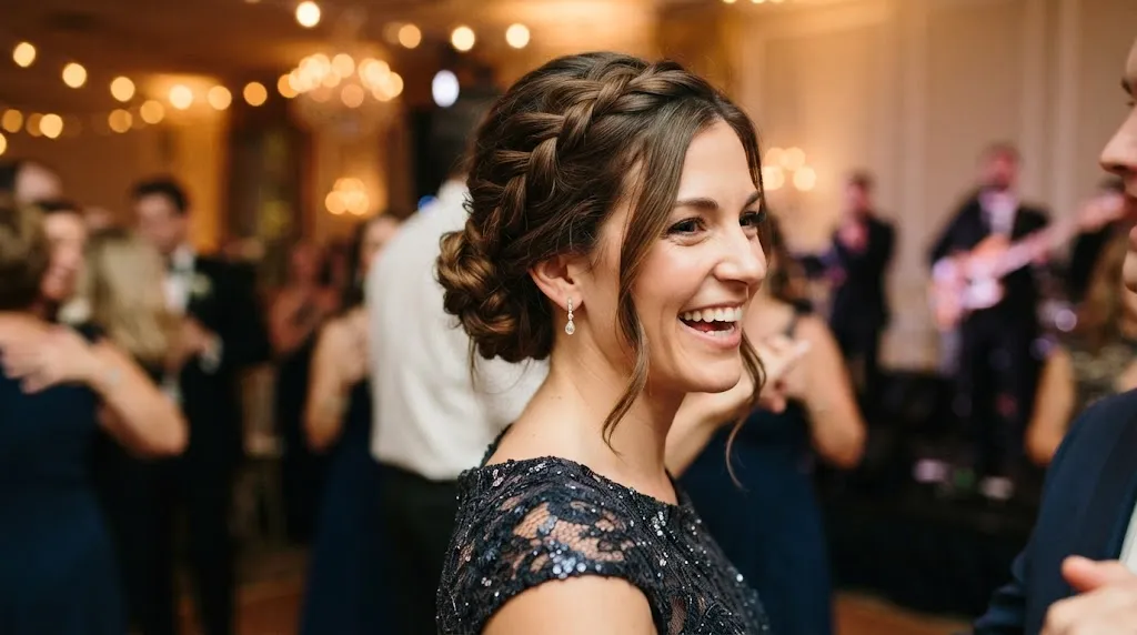 A woman with a secure, braided updo and a dark sequined dress smiling and dancing at a formal evening event.