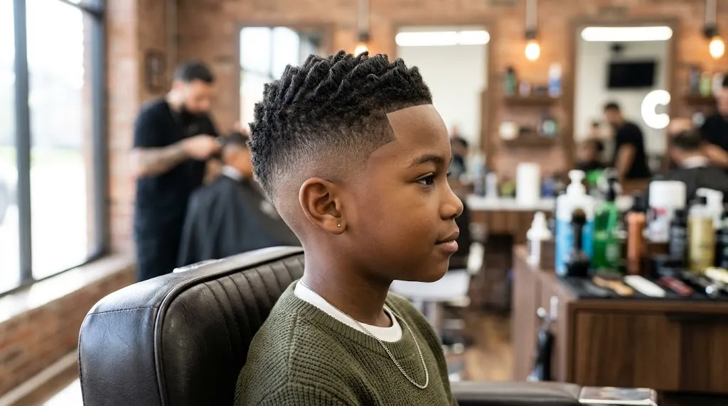 A stylish young boy displaying a modern Seven Cut short haircut with sharp side fade and textured top