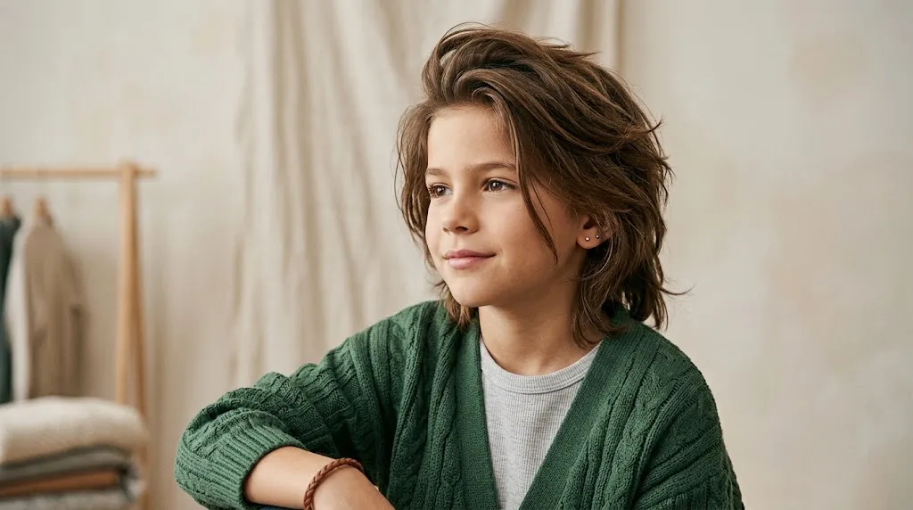 A young boy showcasing a modern long hair seven cut hairstyle with clean textured layers