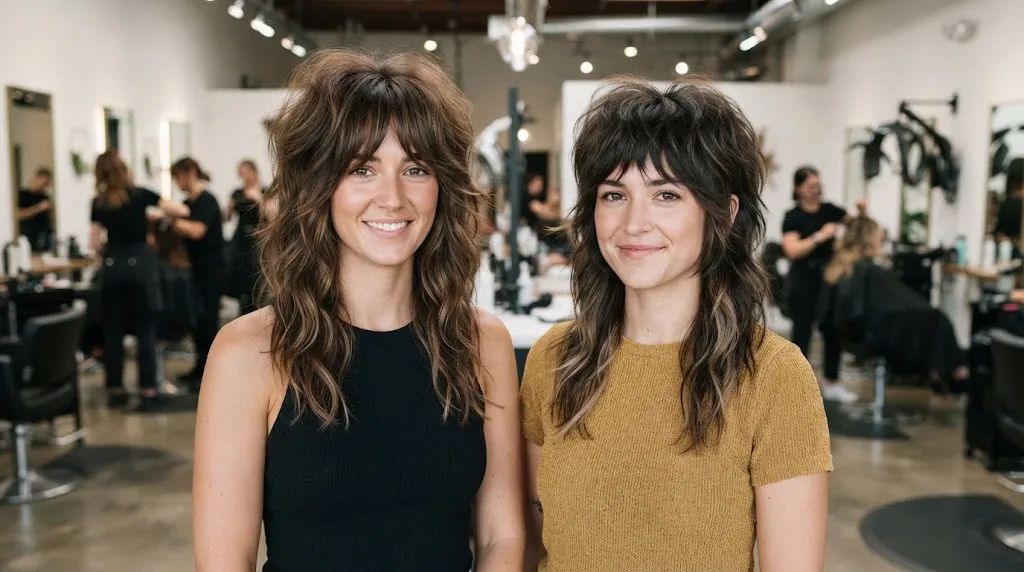Side-by-side comparison of a textured shag haircut and a modern wolf cut showing layers and crown volume in a salon setting