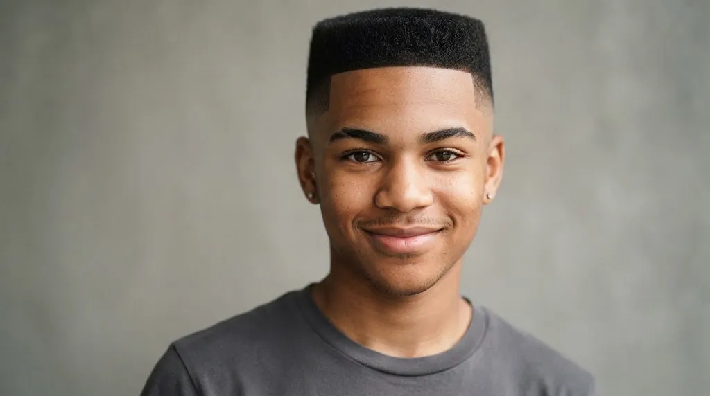 Teen hair model showcasing a sharp box cut hairstyle and clean fade in a professional studio setting