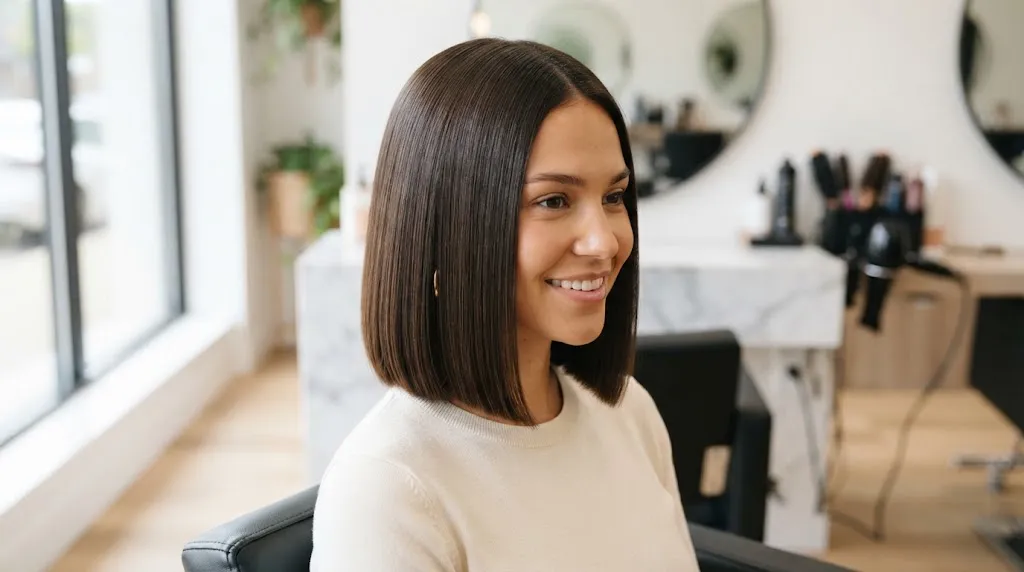 A woman in a salon with a sharp, precisely cut dark brown blunt bob haircut that falls above her shoulders.