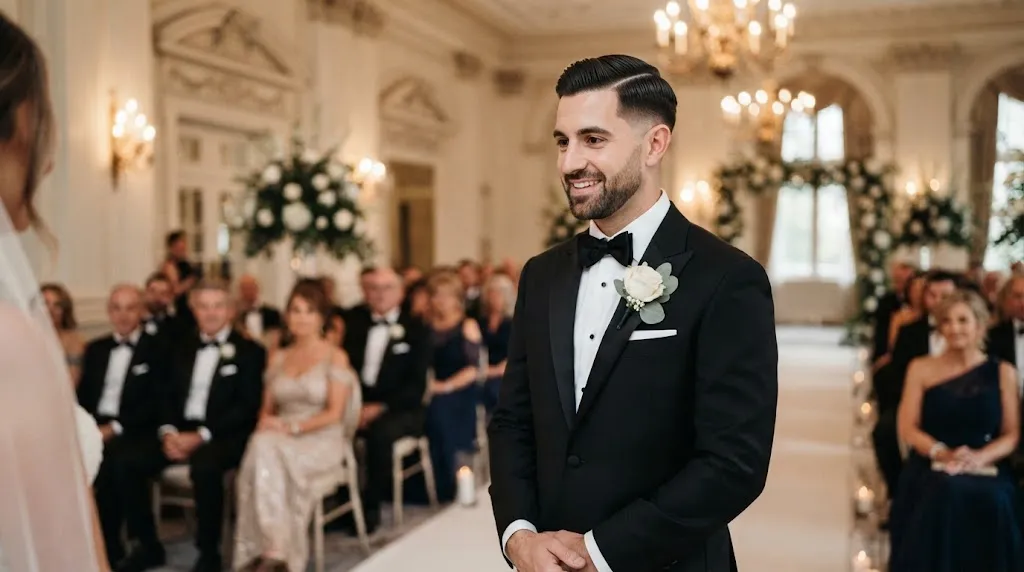 Elegant groom with a classic side part haircut and short beard smiling in a black tuxedo at a formal black-tie wedding.