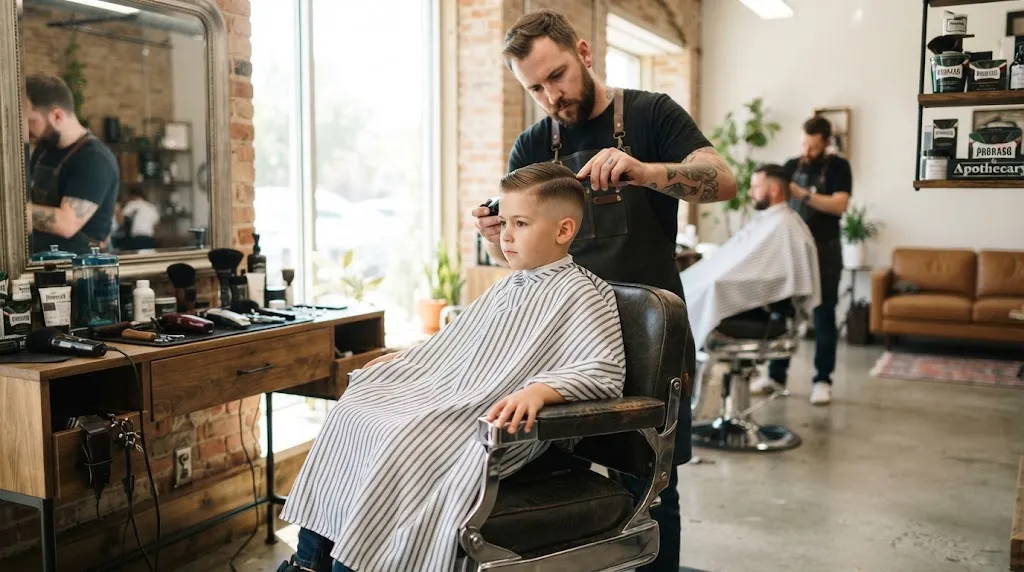 A young boy with a clean short back and sides haircut sitting in a modern barbershop chair