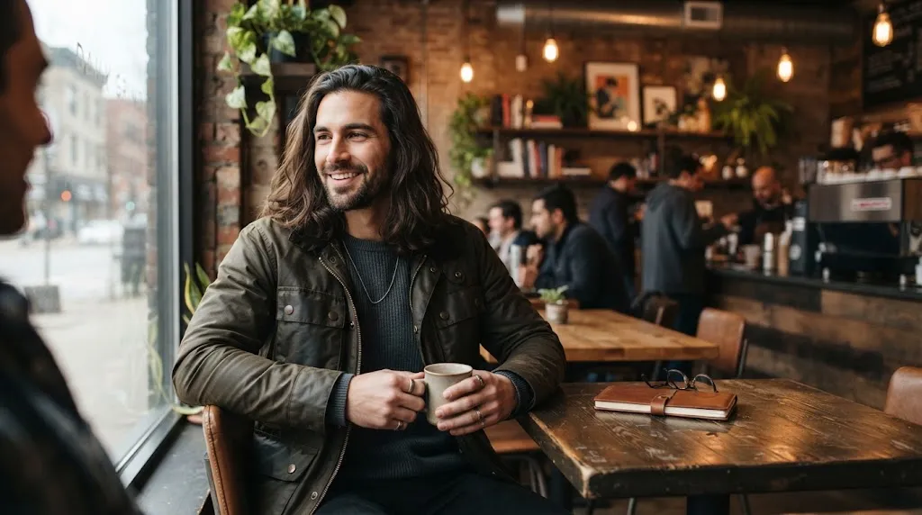 A stylish man with a well-groomed short beard and flowing long hair sitting in a modern setting