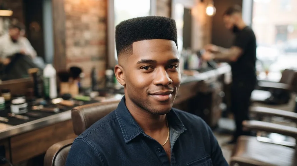 A man showcasing a clean short box cut hairstyle with a structured squared top and faded sides.