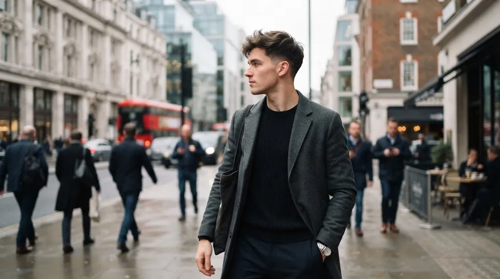 A stylish young man with a short flow haircut showing textured length on top and blended sides