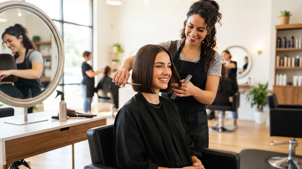A stylish woman with a modern blunt bob sitting in a salon chair, showcasing professional short hair cutting styles