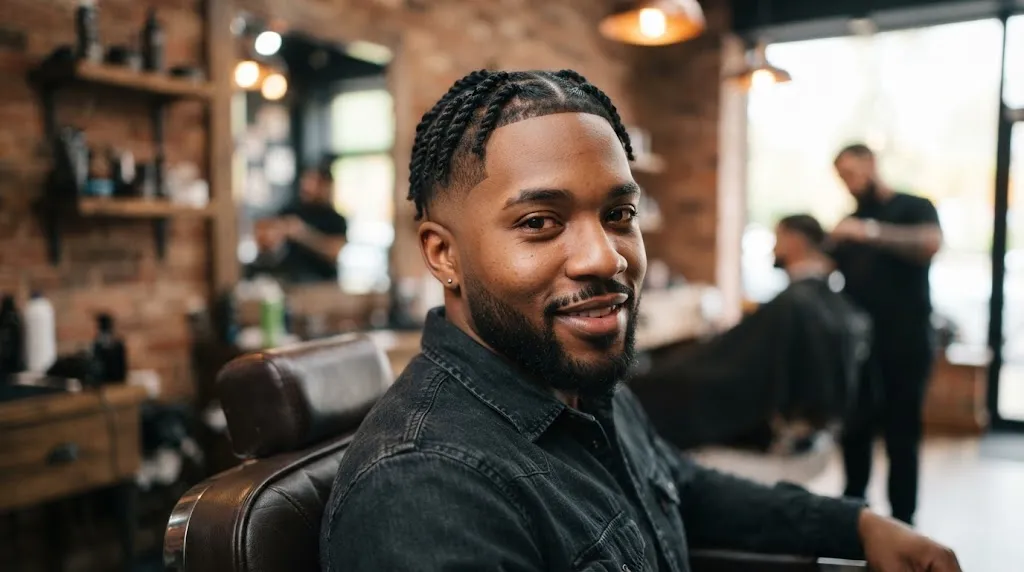 Black man with stylish short two-strand twists and a clean mid skin fade hairstyle