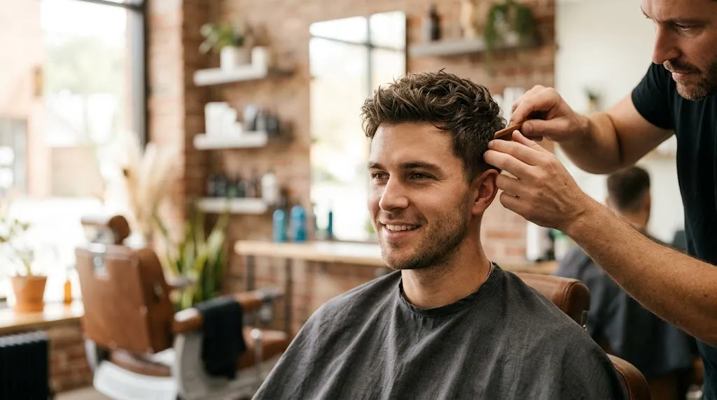 A man with 1 to 3 inch short textured wavy hair being styled in a modern barbershop showing realistic waves for short men's hair.