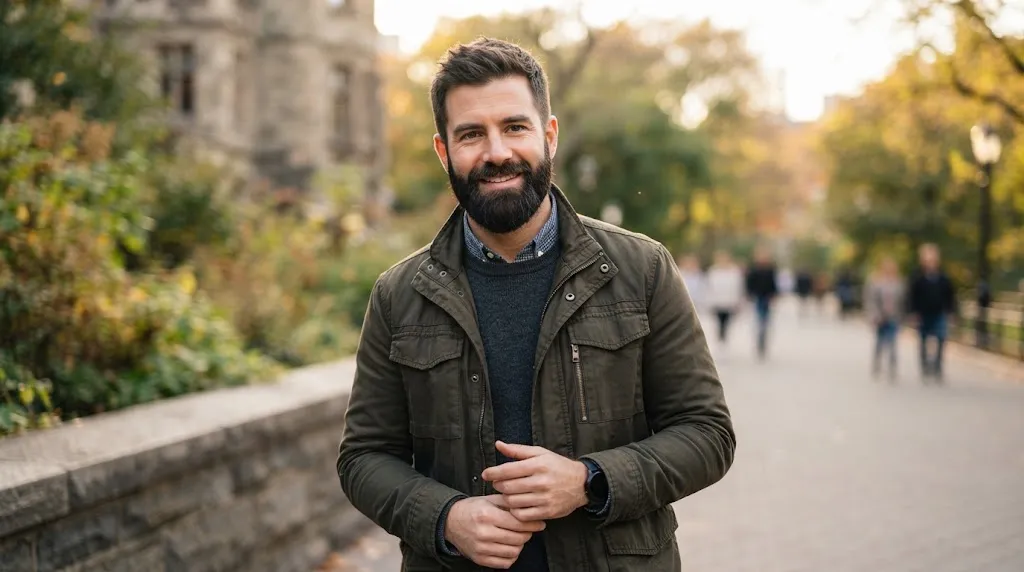 A stylish man showcasing a clean short haircut paired with a thick, well-groomed full beard for a balanced modern look
