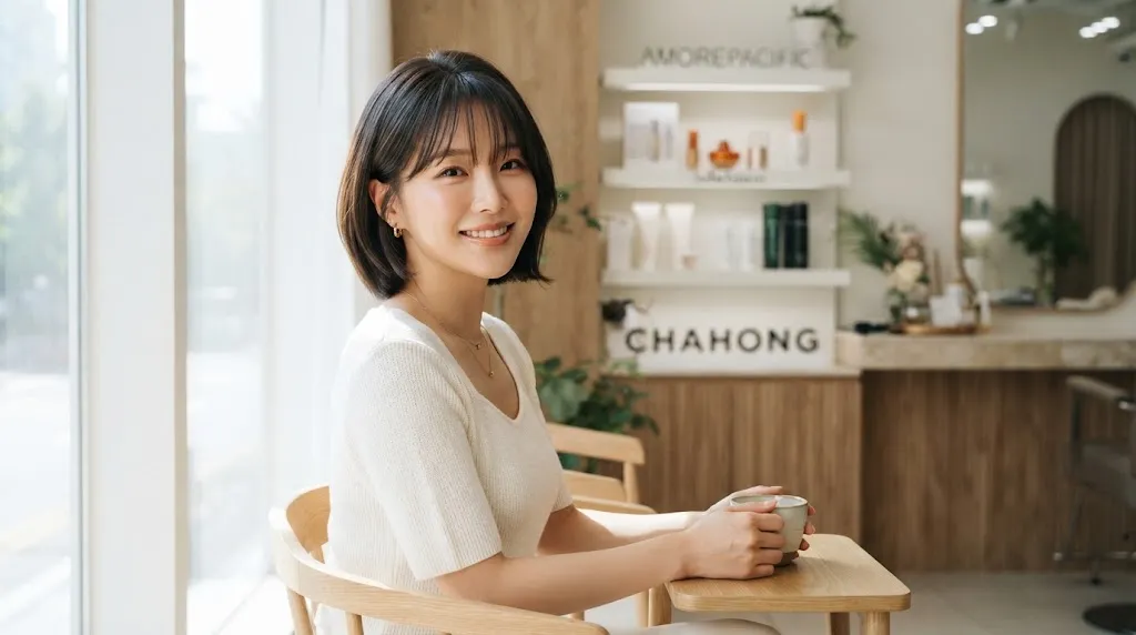 Stylish woman with short hair and airy Korean see-through bangs framing her face