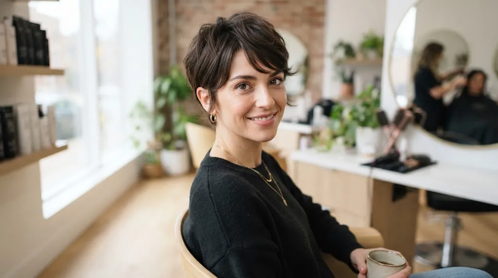 A stylish woman with a textured pixie cut featuring lifted crown volume and face-framing sideburns to slim a round face shape.