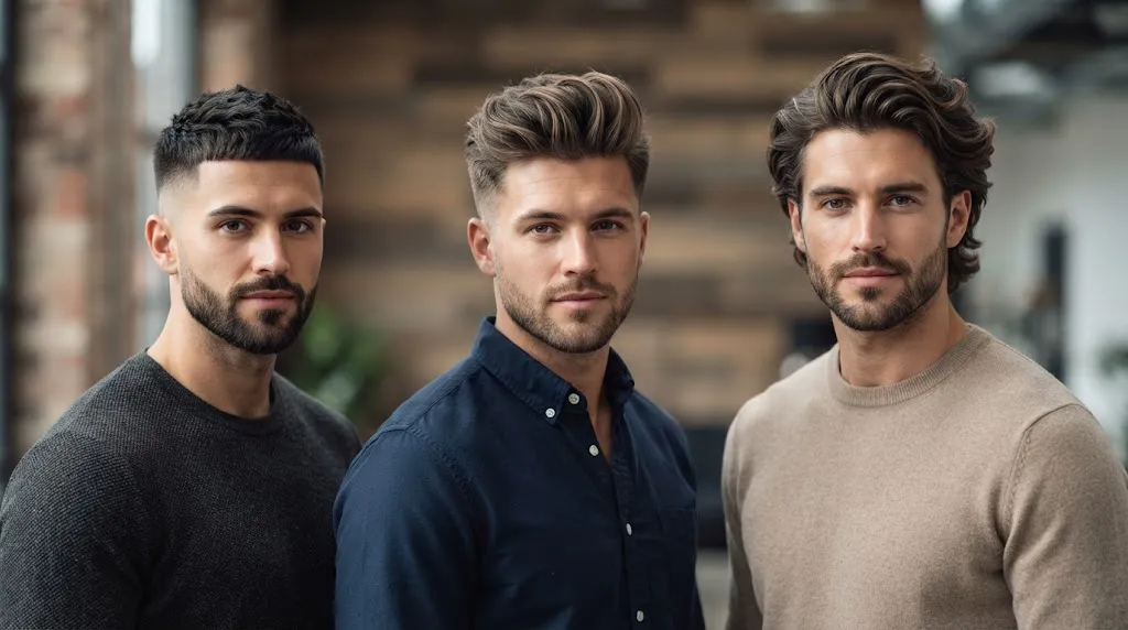 A professional comparison of short, medium, and long men's haircuts showcasing distinct styles and textures